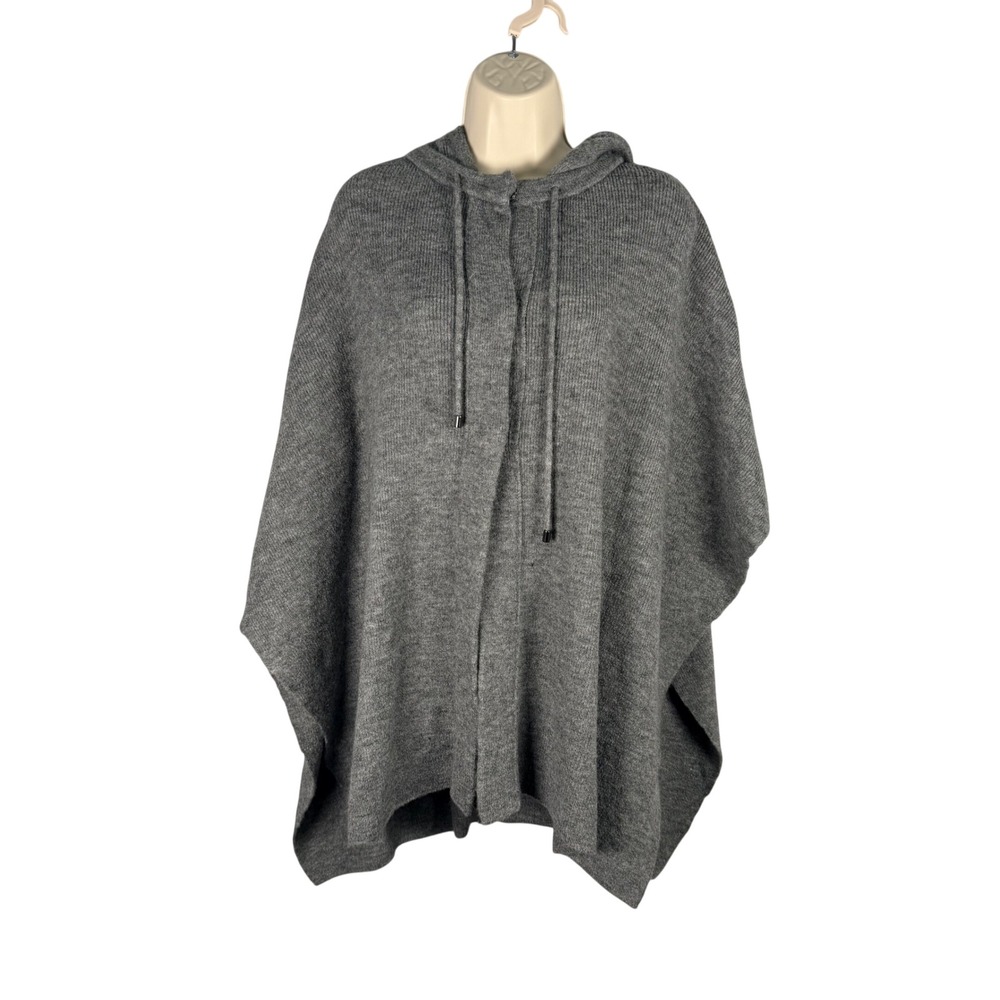 WHBM Gray Knit Wool Blend Hooded Poncho Sweater Snap Front Pullover S M